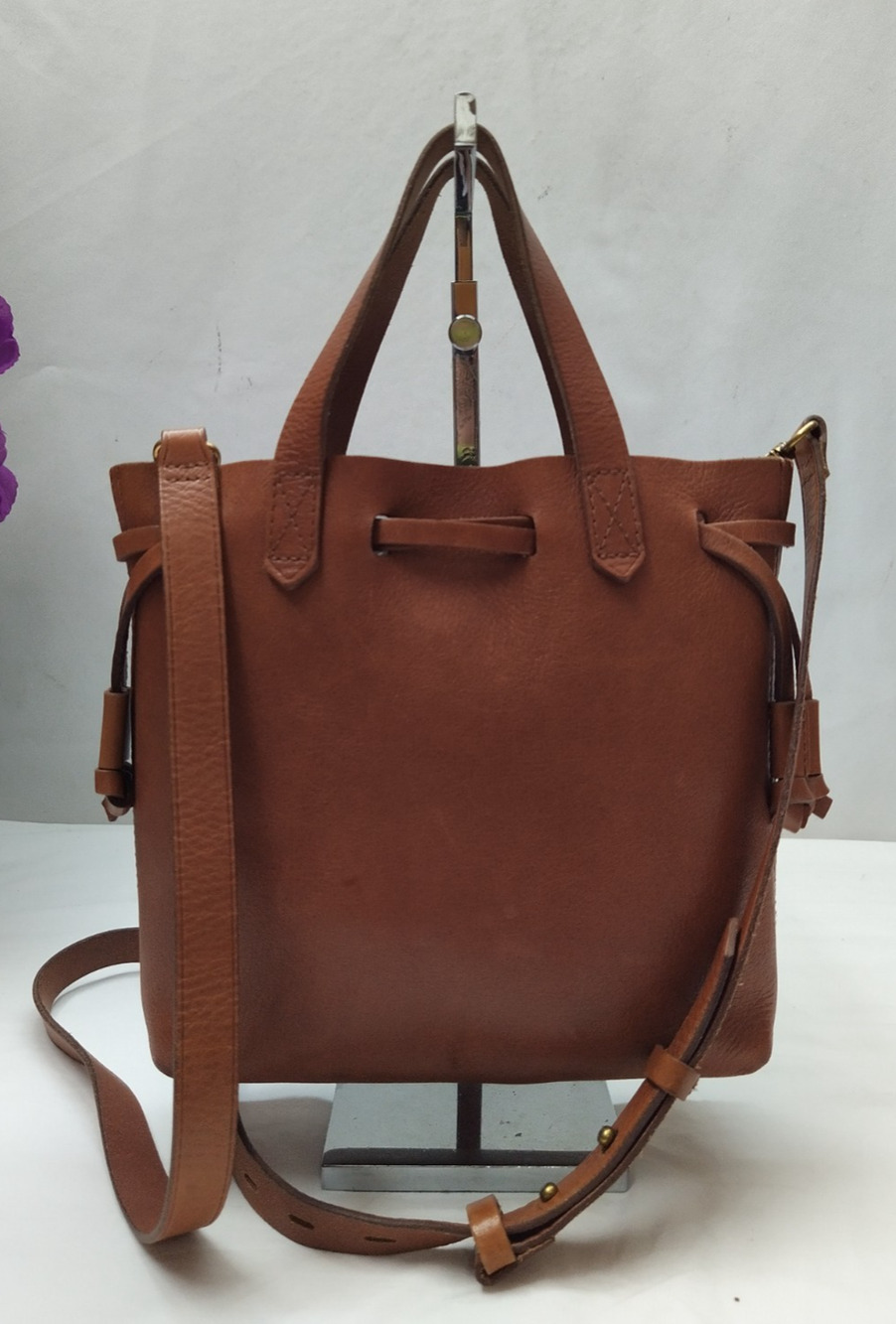 Madewell Brown Leather Double Handles Drawstring Crossbody Tote Bag